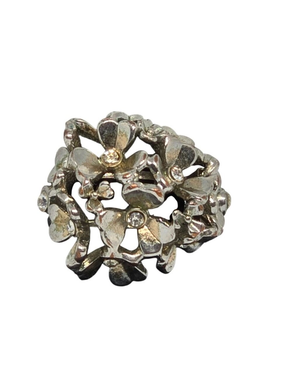 Vintage Silver Tone Floral Cluster Ring Rhinestone Statement Ring Size 7